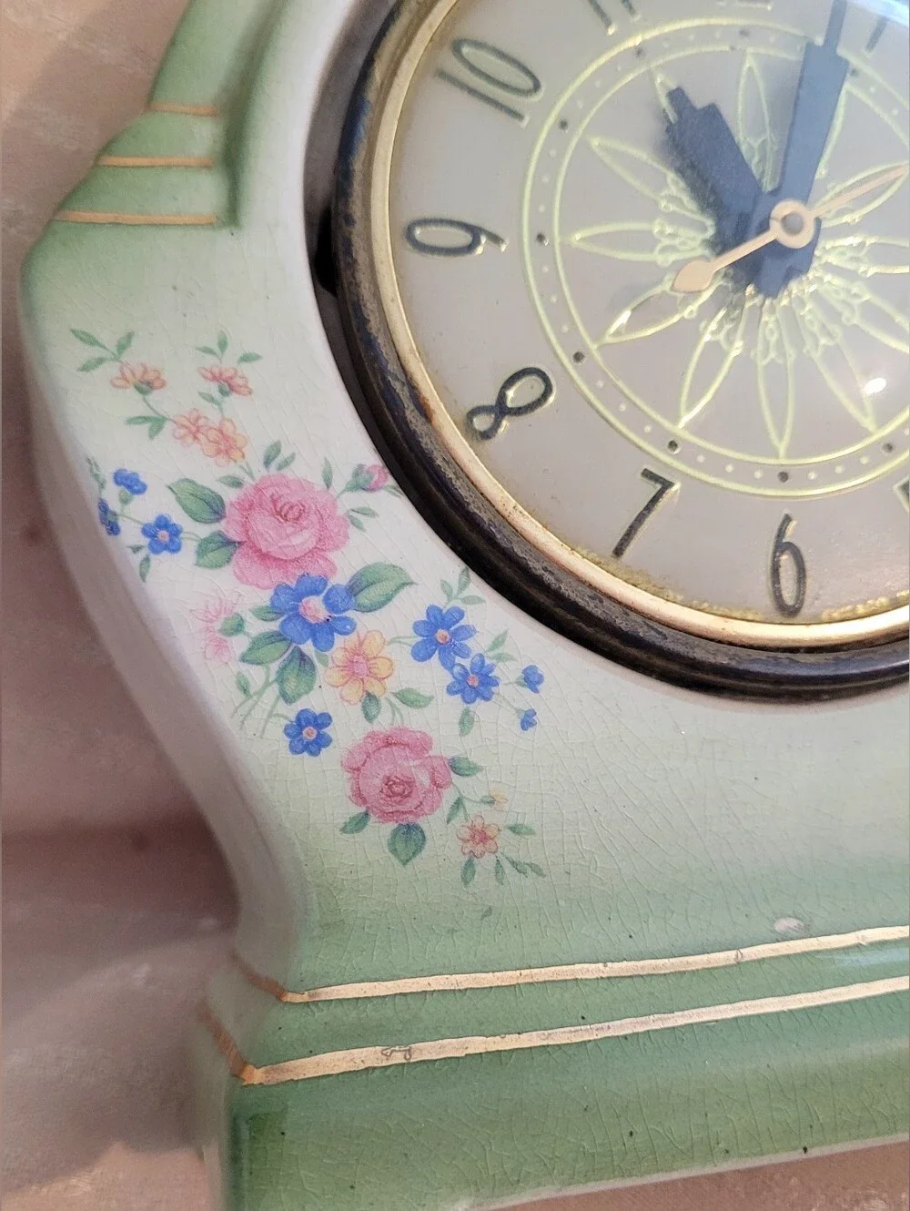 Vintage Royal Oxford China Electric Clock Art Deco Floral 22K Gold - Motor Hums